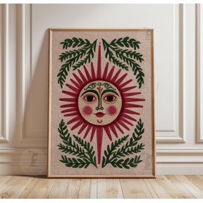 Red Sun Face Wall Art Print With Green Foliage Folk Astrology Decor