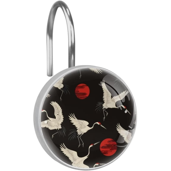 Red Sun Fly Cranes Rolling Shower Curtain Hooks, Clear Crystal Glass Art Decorative Stainless Bath Bathroom Set 12 Pcs