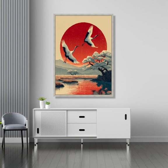 Red Sun Japanese Crane Tranquil Asian Landscape Decor Wall Art