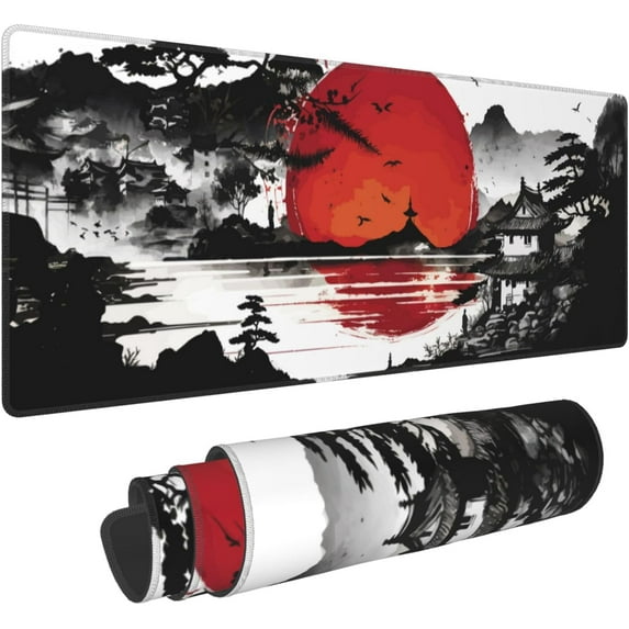 Red Sun Japanese Ink Painting Gaming Mouse Pad 31.5x11.8inch, Non-Slip Computer Mouse Pad Waterproof Keyboard Pad