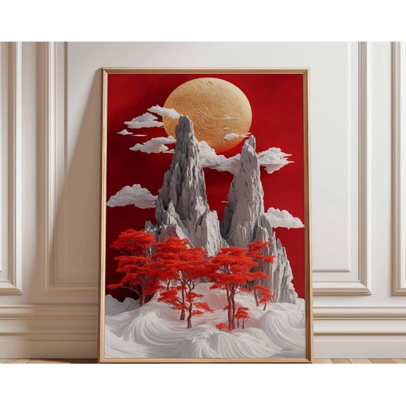 Red Sun Mountain Asian Wall Art Print