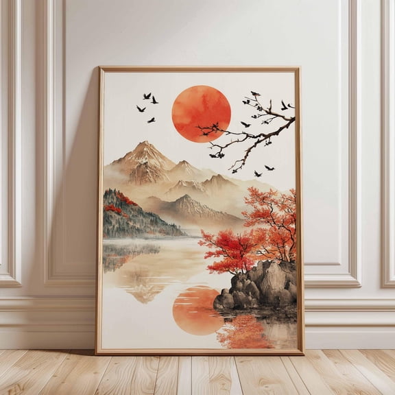 Red Sun Mountain Lake Poster Japanese Landscape Wall Art Autumn Nature Print