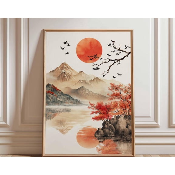 Red Sun Mountain Lake Wall Art Print