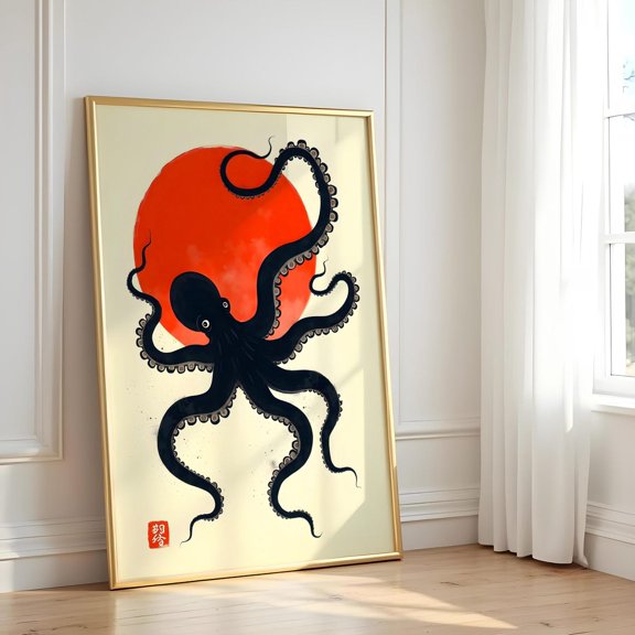 Red Sun Octopus Wall Art Zen Ocean Wall Art