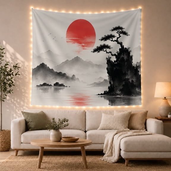 Red Sun and Pine Cliff in Misty Mountains, Serene Japanese Inspired for Nature Lovers, Ink Wash Landscape Art, Housewarming Gift, Tapestry Wall Hanging for Living Room and Bedroom