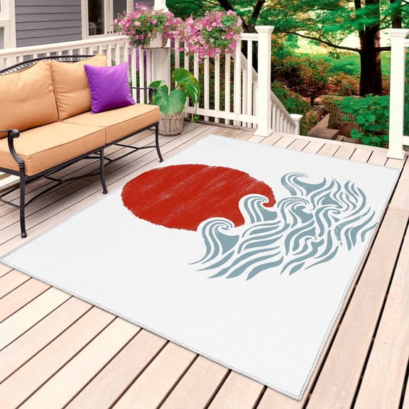 Red Sun Rise Outdoor Rug 4x6 Ft, Non Slip Washable Area Rug, Ocean Waves Coastal Abstract Art Patio Rugs Carpet Runner, Large Floor Mat for Indoor/Outdoor Deck Porch Camping