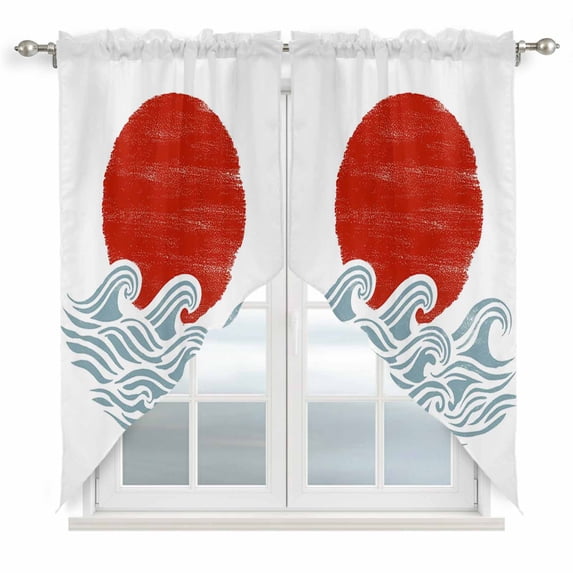 Red Sun Rise Swag Curtains for Kitchen/Bedroom/Living Room, Ocean Waves Coastal Abstract Art Scalloped Curtains 63 Inch Long, Rod Pocket Window Swag Topper Curtains Valances 2 Panels Set 36"x63"