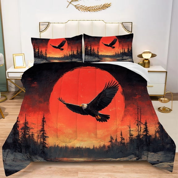 Red Sun Sunset Sky Landscape Comforter Set Twin Size Eagle Flying Over River Forest Print Bedding Set Soft Texture 3D Bald Eagle Pattern Quilt Set with 1Pillowcase