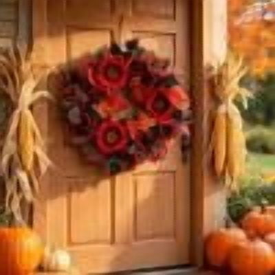 Red Sunflower Eucalyptus Fall Door Wreath, Maple Leaf Harvest Circular Wall Hanging Ornament, Waterproof Sag Resistant Foldable Decor for Farmhouse Entryway Thanksgiving Halloween Home Decoration