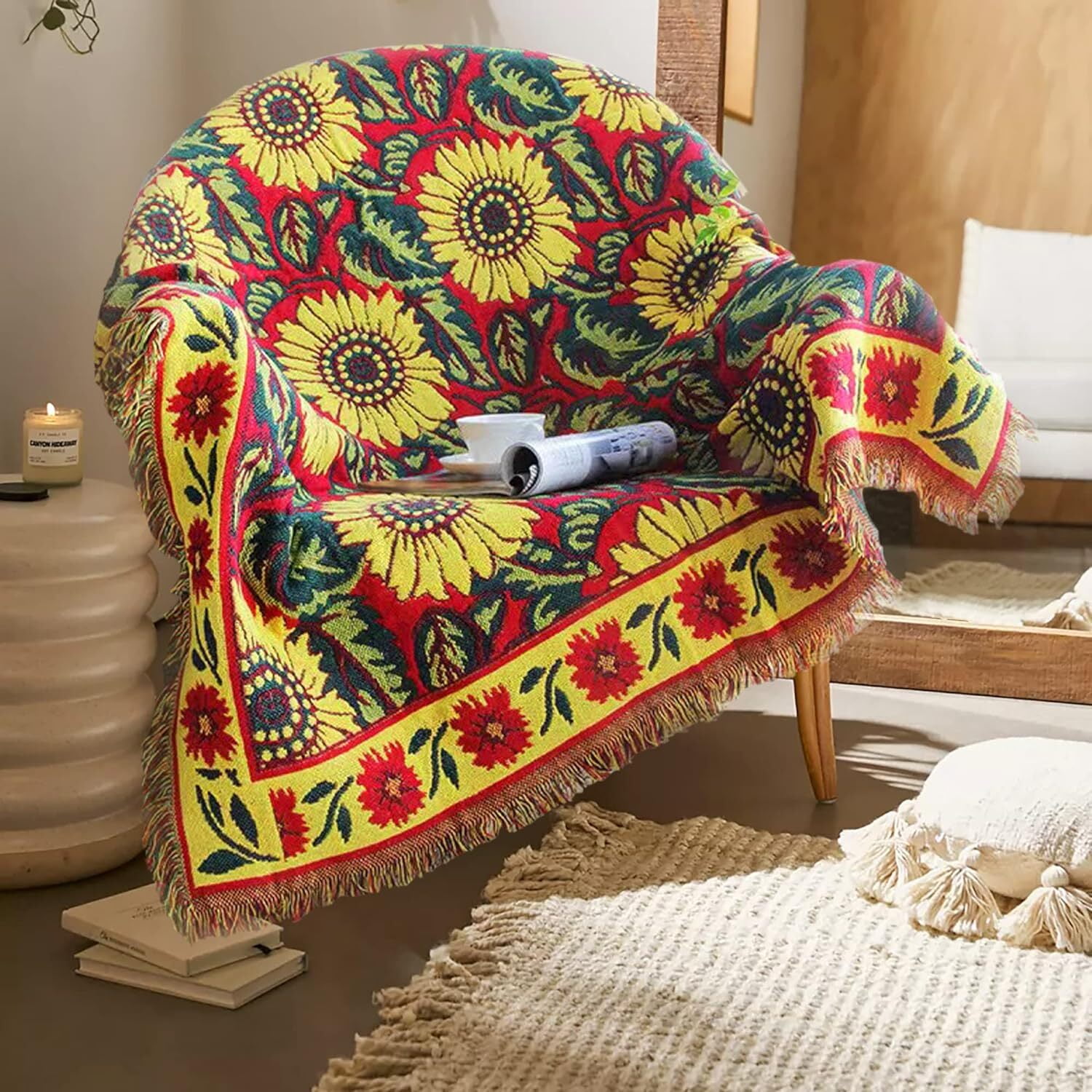 Red Sunflower Throw Blanket with Fringe Boho Throw Blankets Recliner Chair Couch Sofa Cover Woven Reversible Cotton Bohemian Tapestry Hippie Room