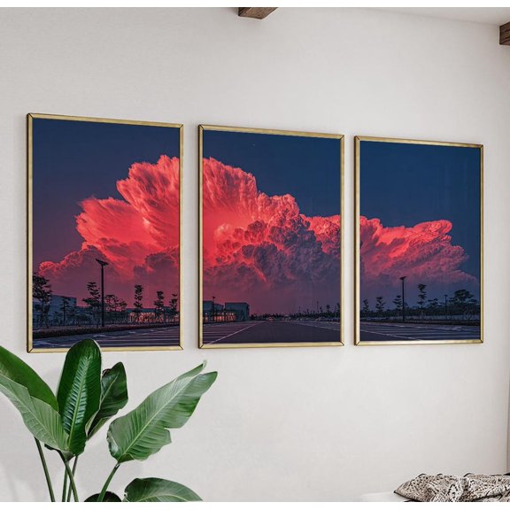 Red Sunset Clouds Dramatic Landscape Prints Set 3 Stretched Canvas 16x24