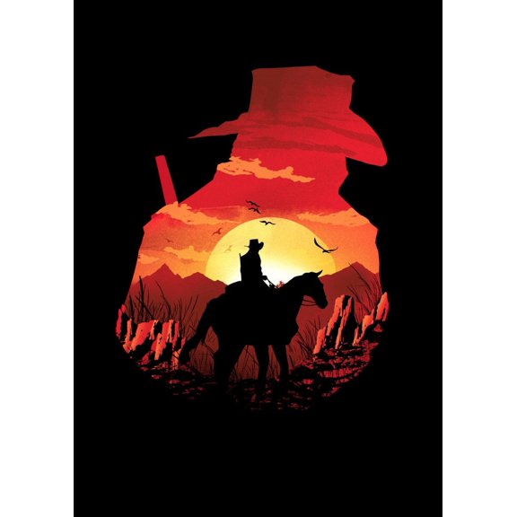 Red Sunset - Illusion Negative Space – Poster - Poster Print - Wooden Hanging Scroll Frame 11 x 17 Inch Poster