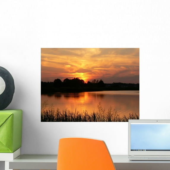 Red Sunset Lake Wall Mural by Wallmonkeys Peel and Stick Graphic (18 in W x 14 in H) WM165419