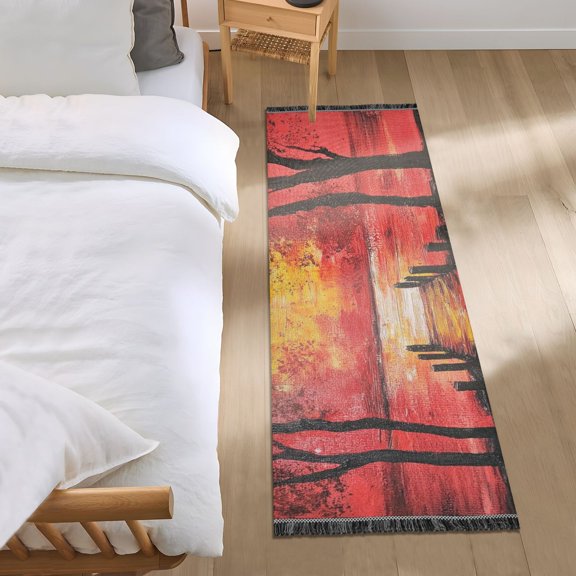 Red Sunset Oil Painting Bedroom Runner Rug 2'x 6' Non Slip Carpet Indoor Home Area Rug Living Room