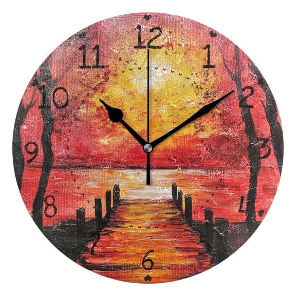 Red Sunset Oil Painting Round Wall Clock Silent Battery Operated Home Decor for Living Room Bedroom