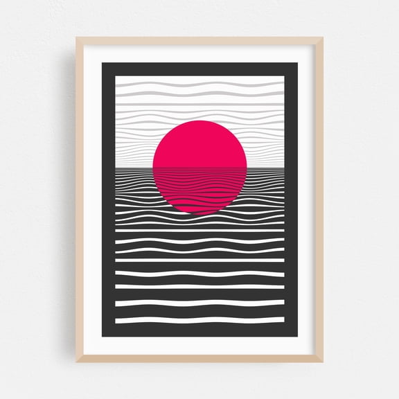 Red Sunset Waves - Illustration Abstract Geometric Minimalist Line Art Waves Modern Art Pop Art Oak Framed Wall Art Print 5 x 7 inches