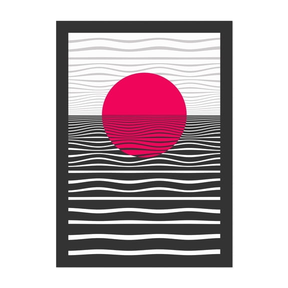 Red Sunset Waves - Illustration Abstract Geometric Minimalist Line Art Waves Modern Art Pop Art Unframed Wall Art Print 12 x 16 inches