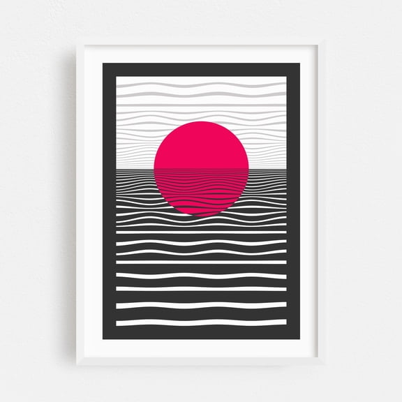 Red Sunset Waves - Illustration Abstract Geometric Minimalist Line Art Waves Modern Art Pop Art White Framed Wall Art Print 5 x 7 inches