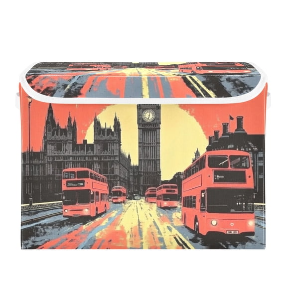 Red Sunset and Bus Large Storage Bins with Linen Collapsible Lid Storage Box 16.7 x 12.6 x 11.8in