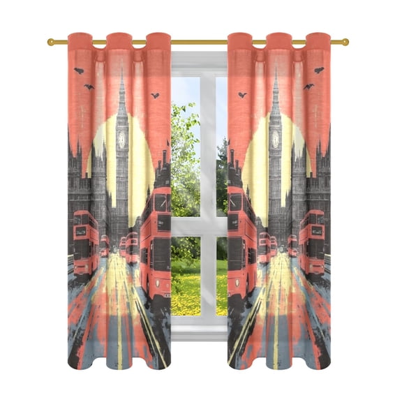 Red Sunset and Bus Semi Sheer Curtains for Living Room Bedroom Set of 2 Insulated Window Drapes