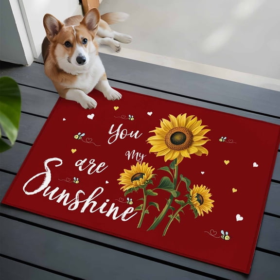 Red Sunshine Sunflower Bathroom Mat 2x3 FT, Non Slip Small Kitchen Mat, Pastoral Bees Farmhouse Floral Washable Backed Front Door Throw Rug Non-Shedding Indoor Outdoor Doormat for Entryway Sink