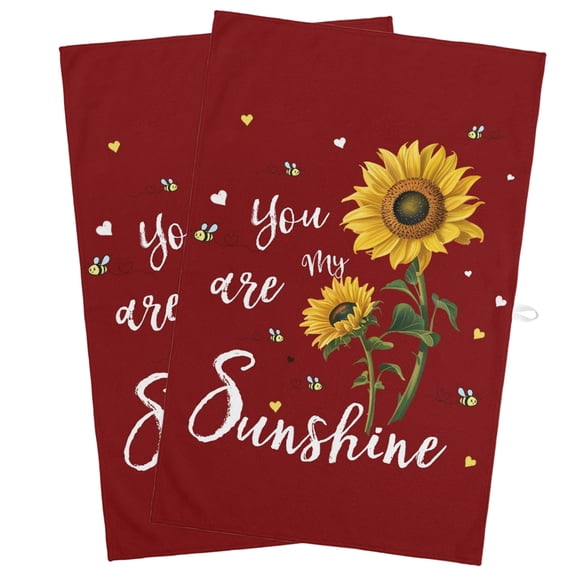 Red Sunshine Sunflower Kitchen Towels, Absorbent Microfiber Kitchen Dish Hand Tea Bath Towel, Pastoral Bees Farmhouse Floral Quick Dry Cleaning Cloth Dishclothes Decorative Sets, (2-PC, 18x28)