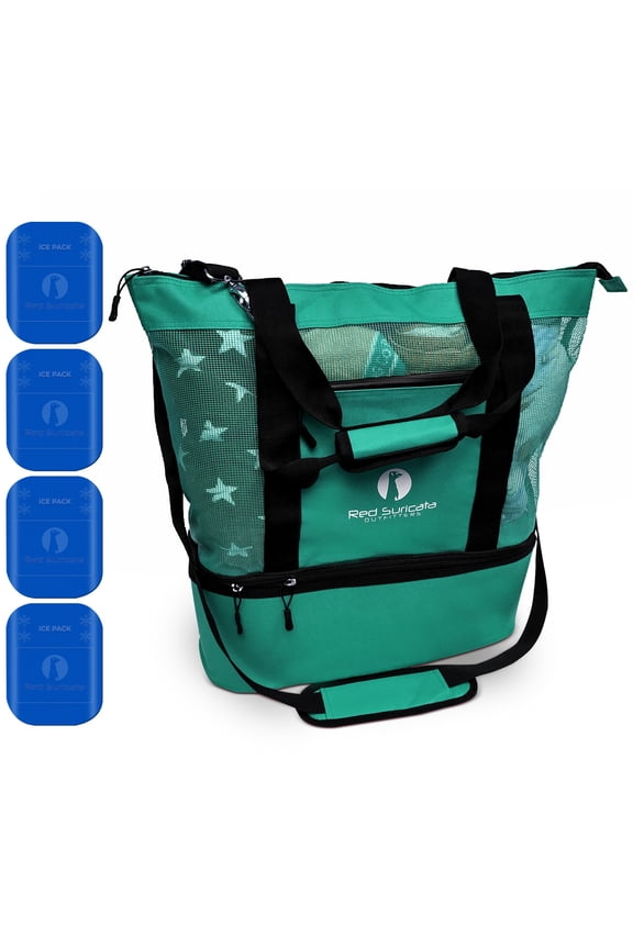 Turquoise Combo Mesh Beach Bag Tote & Cooler including 4 ice packs