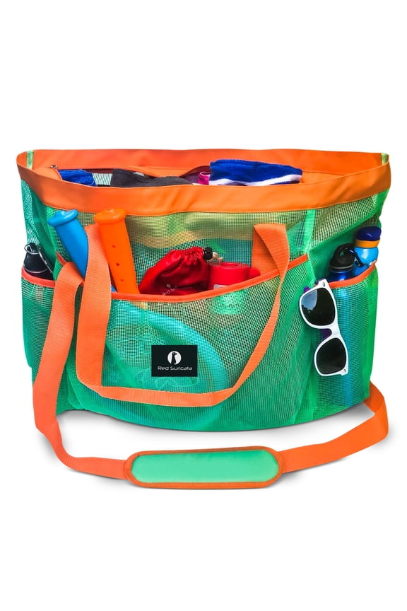 XL Mesh Beach Bag Tote - Turquoise Green & Orange