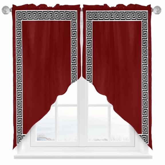 Red Swag Valances for Windows 2 Pack Greek Chinese Style Border Geometric Swag Kitchen Curtains 36 Inches Long Rod Pocket Short Window Treatment for Kitchen Bathroom 36"x36"