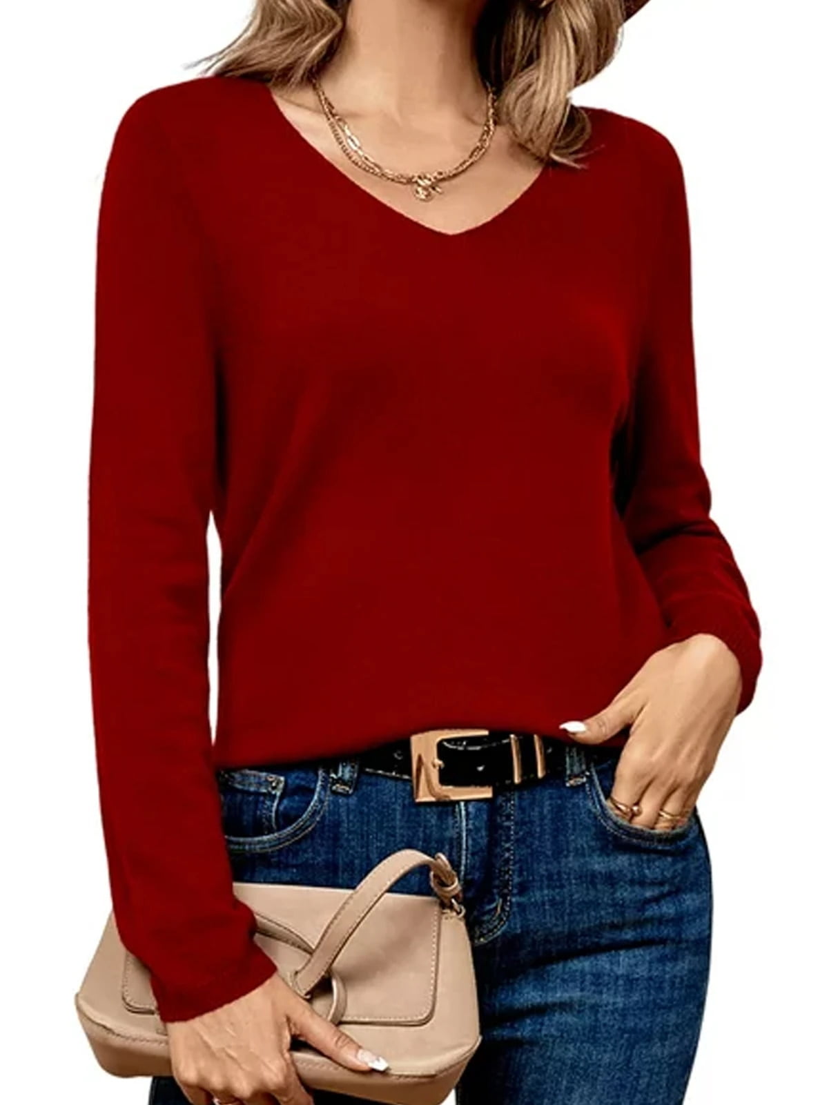 Red Sweaters for Women 30 Wool Vneck Lightweight Pullover