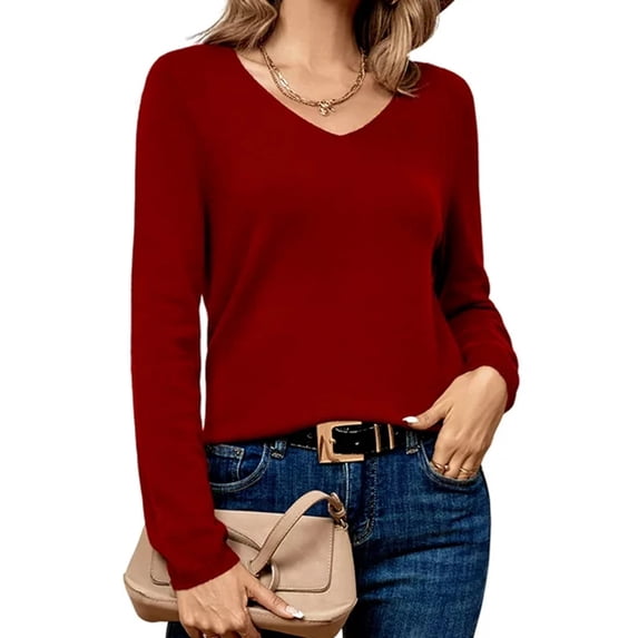Red Sweaters for Women 30% Wool V-neck Lightweight Pullover