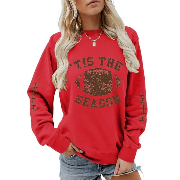 Red Sweaters for Women's Fashion Casual Letter Rugby Print Crew Neck Top Hoodless Sweatshirt Womens Fall Fashion 2025