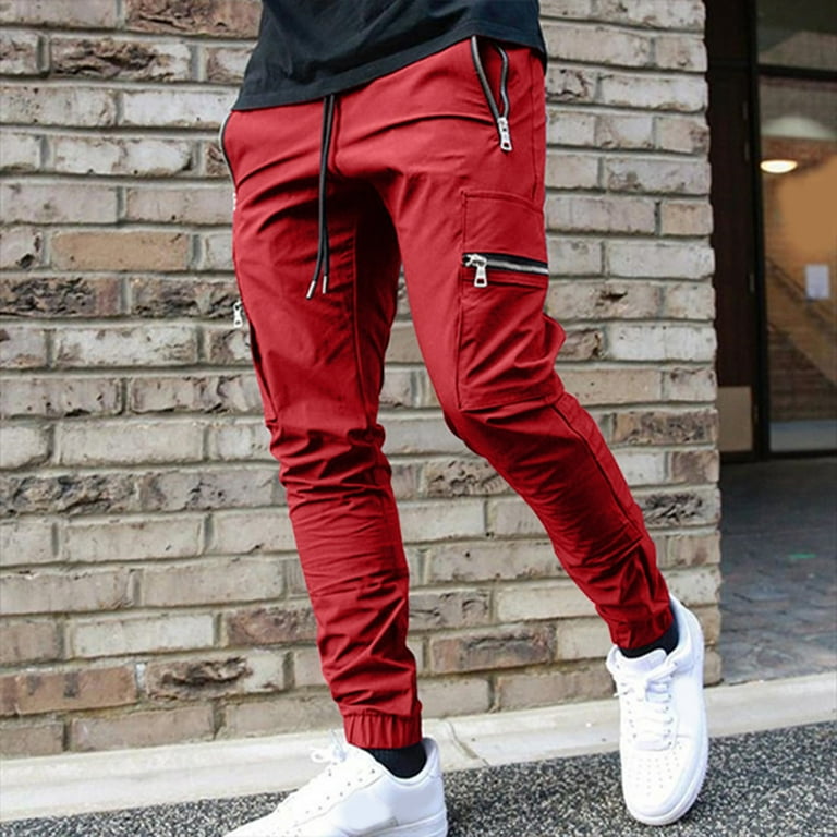 nochalofo Red Sweatpants for Men Mens Spring and Fashion Autumn Cotton Simple Solid Color Leisure High Street Elastic Lace Up Pants Trousers Pants