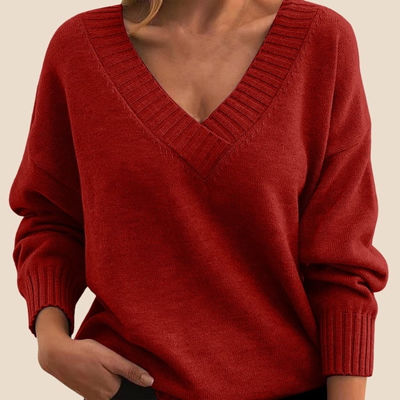 Red Sweatshirt for Women Knit Pullover Women Loose V Neck Casual All Knitwear Womens Fall Tops