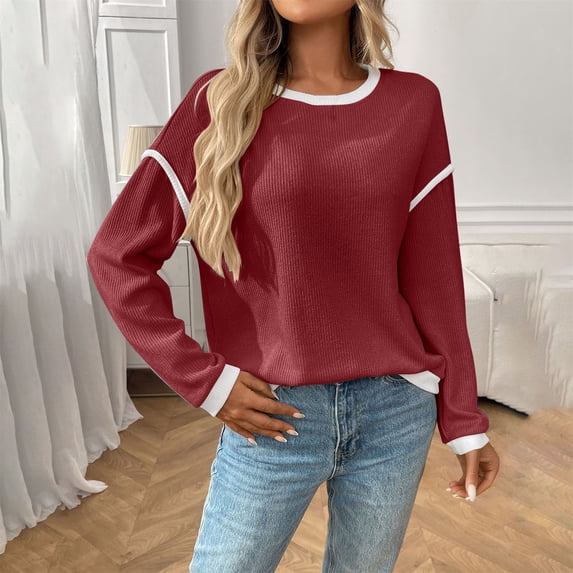 Red Sweatshirt for Women's Casual Patchwork Contrast Color Long Sleeve Sweatshirt Women Fall Clothes