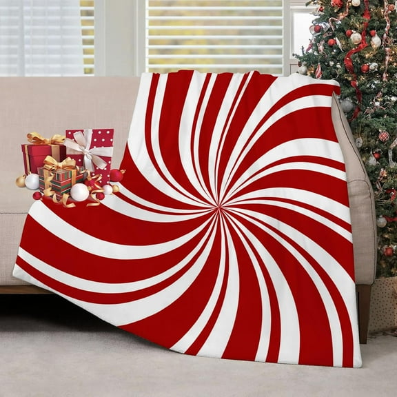 Red Swirl Christmas Blankets Sweet Candy Cane Double Swirl Red and White Blanket Soft Warm Cozy Flannel Blanket for Bedroom Living Rooms Couch Sofa Bed Home Decor 40x50 Inch
