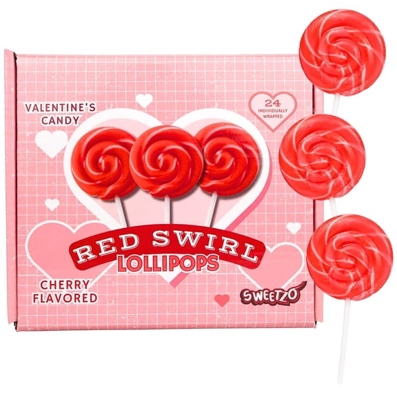 Red Swirl Lollipops, Valentines Day Party Candy, 24 Count, 12.5 Ounce Box
