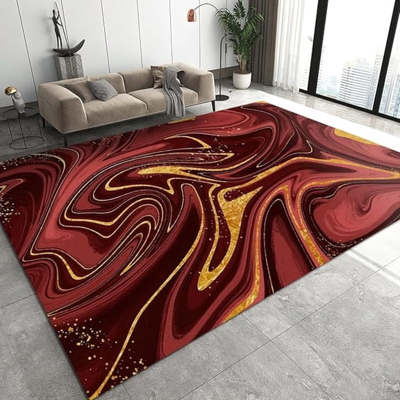 Red Swirl Marble Texture Area Rug, Abstract Geometric Gilt Fluid Non Slip Living Room Rug, Stain Resistant Durable Carpet For Indoor Bedroom Office Decor Mat 5x8ft