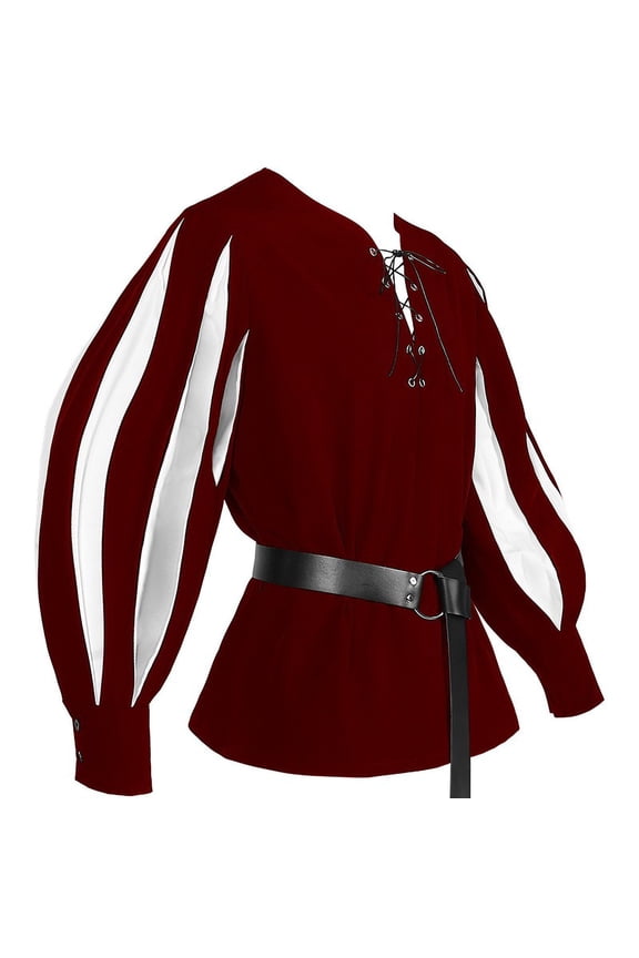 Red T Shirt for Man Fall Summer Long Puff Sleeve V Neck Color Block Medieval Goth Renaissance Peasant Ethnic Plain Steampunk Tee Shirt Tops Man 2026 L