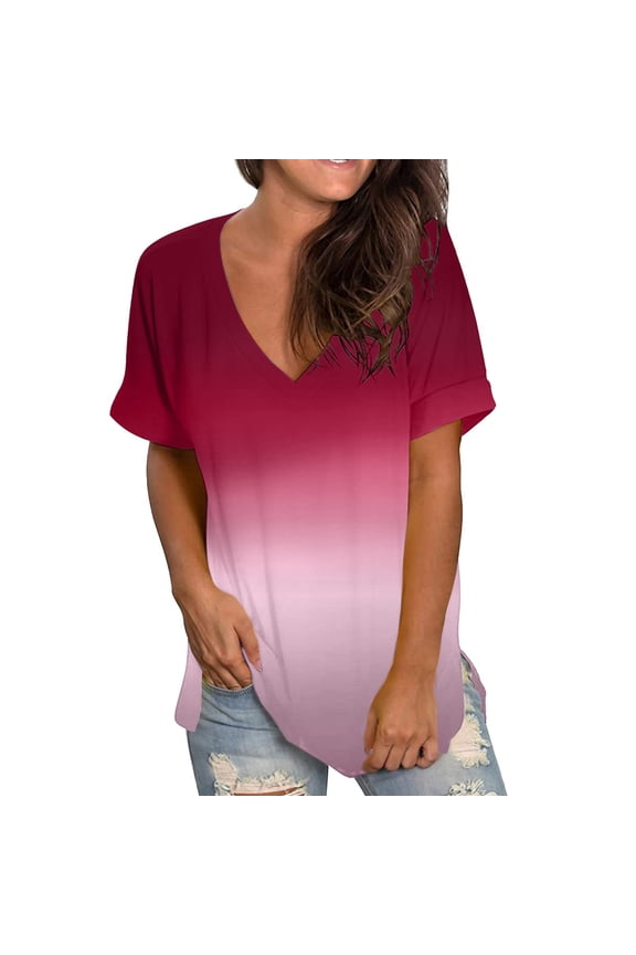 Red T Shirts For Women Casual Summer Tops Floral Short Sleeve V Neck Tee T Shirt Printed Loose Side Split Tunic