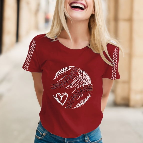 Red T Shirts for Women Daily Casual Printed Short Sleeve O Neck T Shirt Tops Fashion Clothing