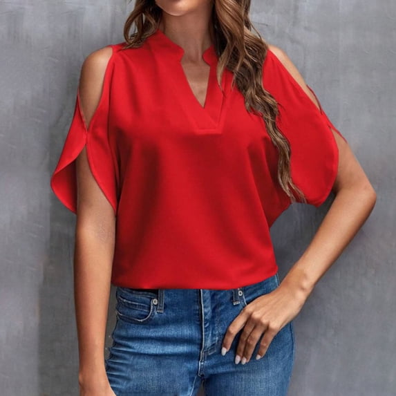 Red T Shirts for Women's Solid Color V Neck Off The Shoulder Loose Chiffon T Top Fashion Clothing