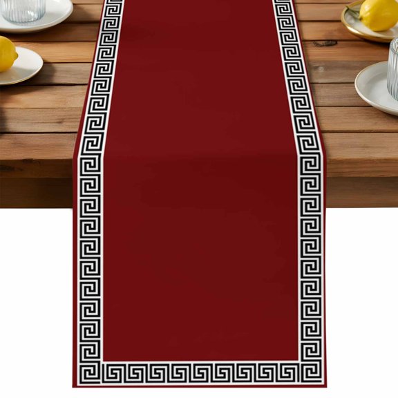 Red Table Runner, Greek Chinese Style Cotton Linen Table Cloth, Border Geometric Tablerunner for Kitchen Dining Party Wedding Home Decor 13x36 Inch