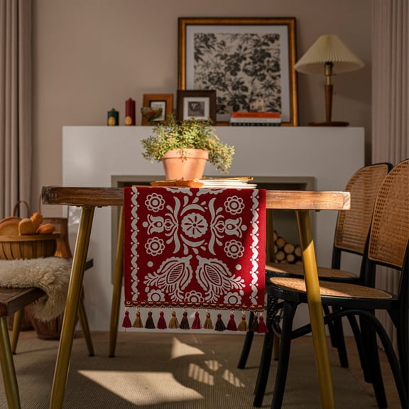 Red Table Runner with Tassels, Cotton Linen Farmhouse Table Decoration