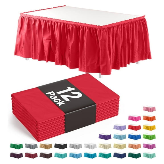 Red Table Skirt 12 Pack 29" X 14' Disposable Plastic Table Skirts for Rectangle Tables 6ft + or Round Tables - Ruffle Table Skirt with Adhesive Strip - Gender Reveal Decor & Party