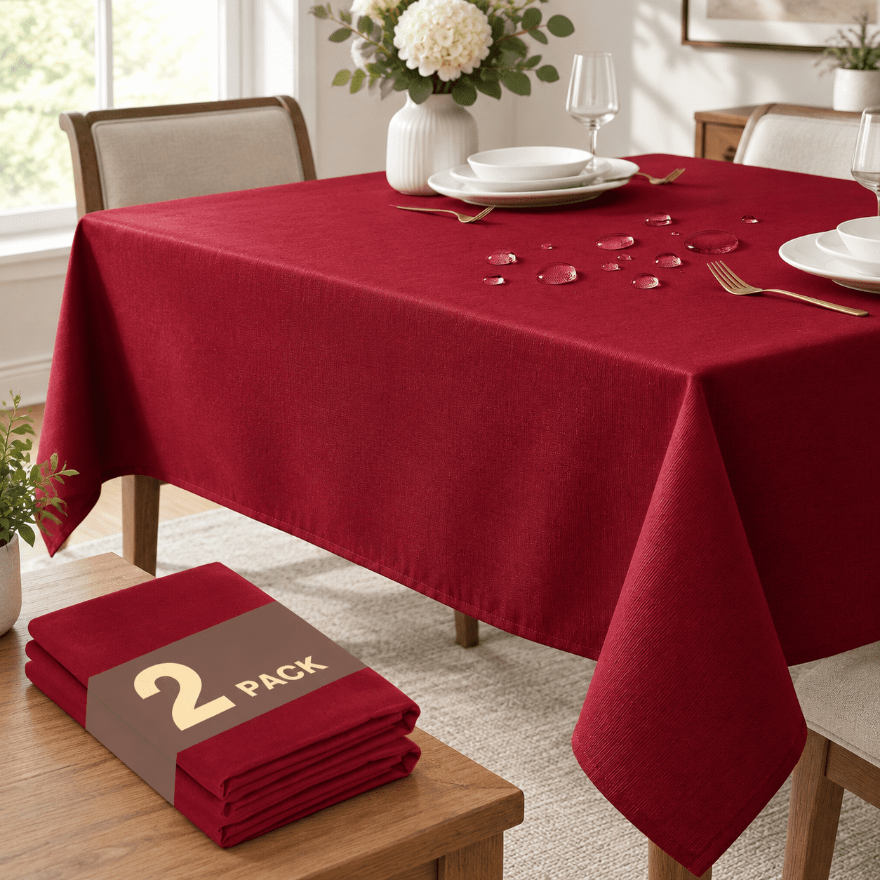 Red Tablecloth Rectangle 8ft Slub Textured Waterproof 2-pack - Walmart.com