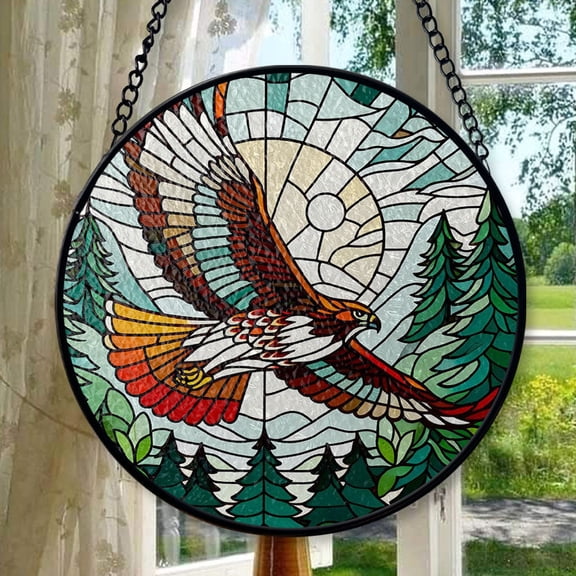 Red-Tailed Hawk Glass SunCatcher, Nature Art for Home, Elegant Window Hanging Decor, Great Gift for Wildlife Lovers, mother's day gift set, Stained Glass Ornament 2025, Holiday