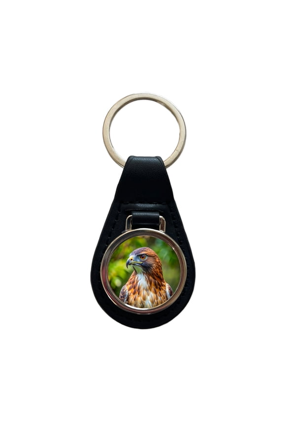 Red-Tailed Hawk Raptor Bird Of Prey Metal Black Leather Keychain