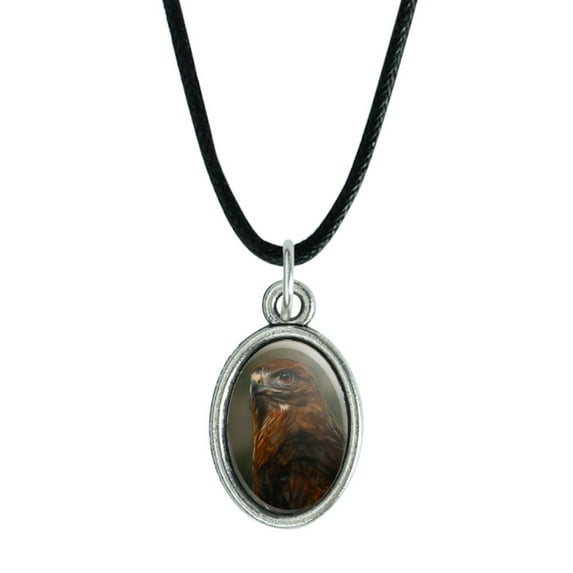 Red-Tailed Hawk Raptor Portrait Antiqued Oval Charm Pendant with Black Satin Cord