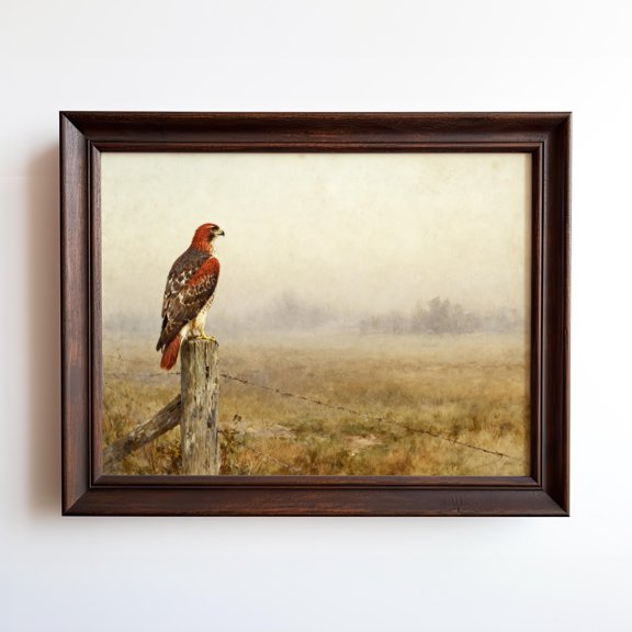 Red Tailed Hawk Surveying From A Fence Post Vintage Wildlife Art Farmhouse Decor Home Decor Office Wall Art